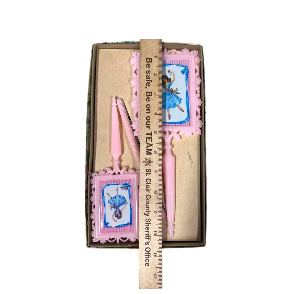 Vintage Childs Dresser Vanity Set Mirror Comb Brush W/ Original Box from‎ 1950’s